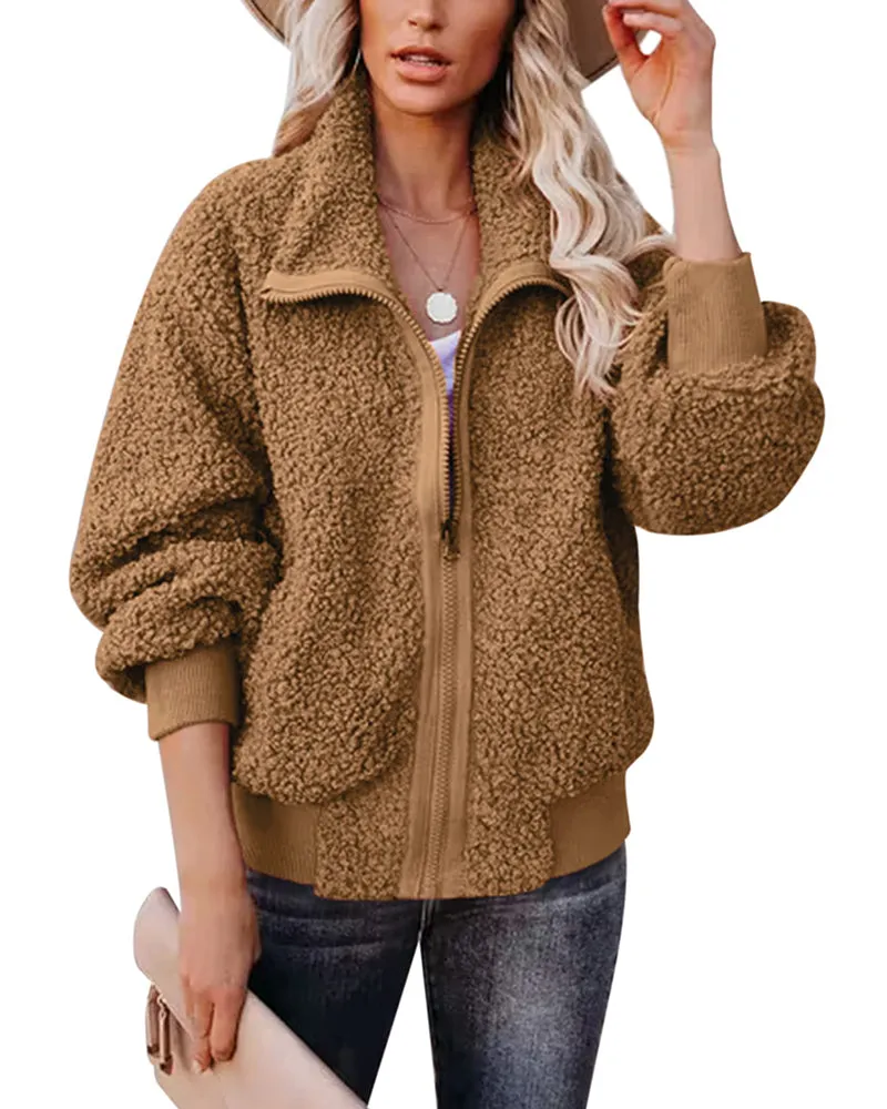 Fuzzy Fleece Jackets Oversized Open Front Coat Zipper Outwear(TTShop02) - Zeagoo (Us Only)