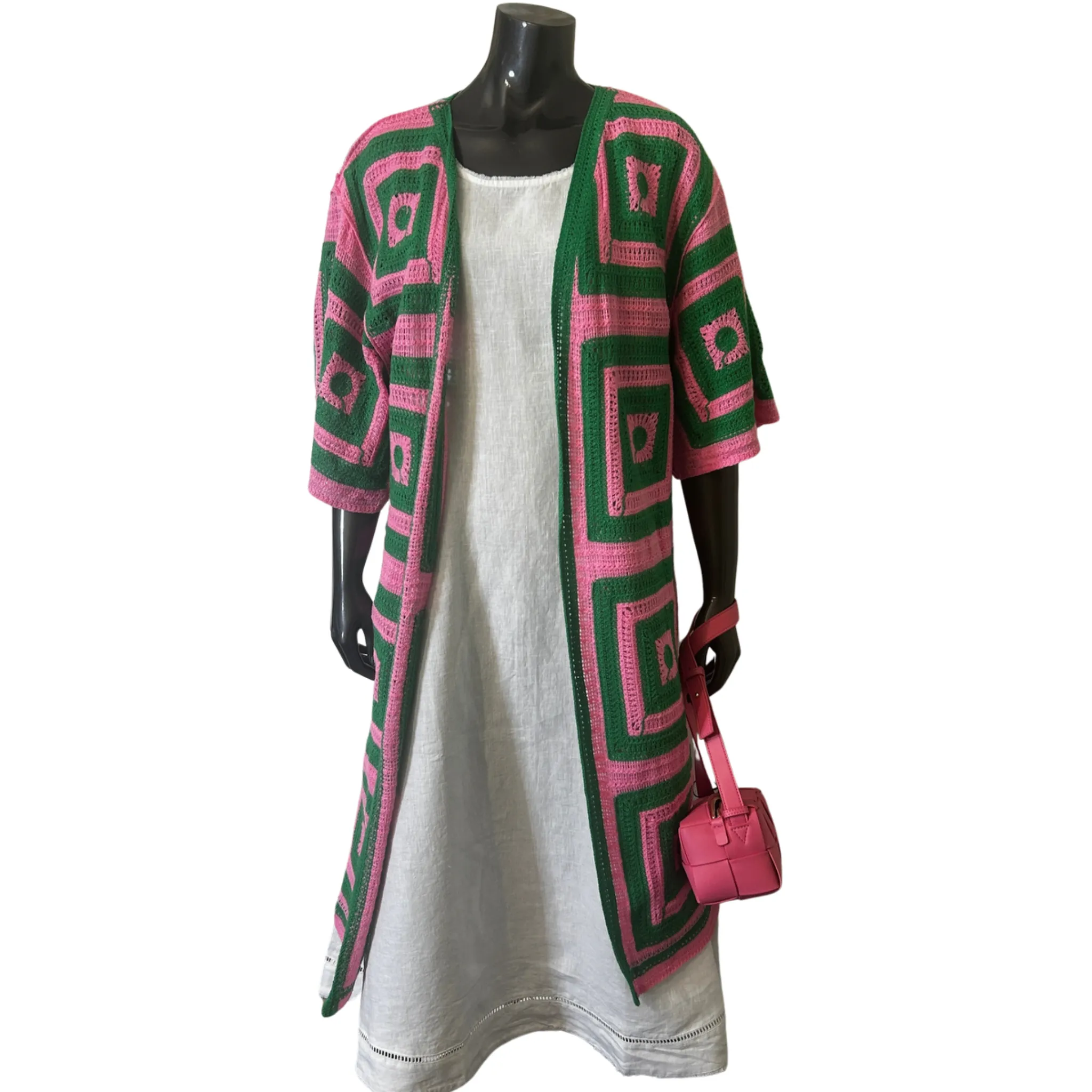 Geometric Crochet Knitted Cardigan - Pink