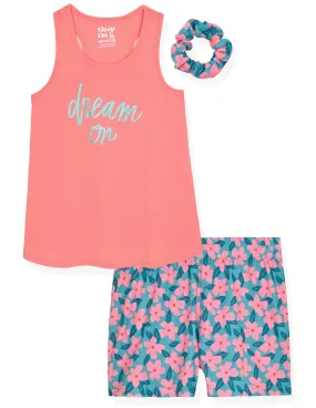 Girls 2-Piece Sleeveless Tank-Top Jersey Pajama Shorts Set with Hair Scrunchie - Dream On.