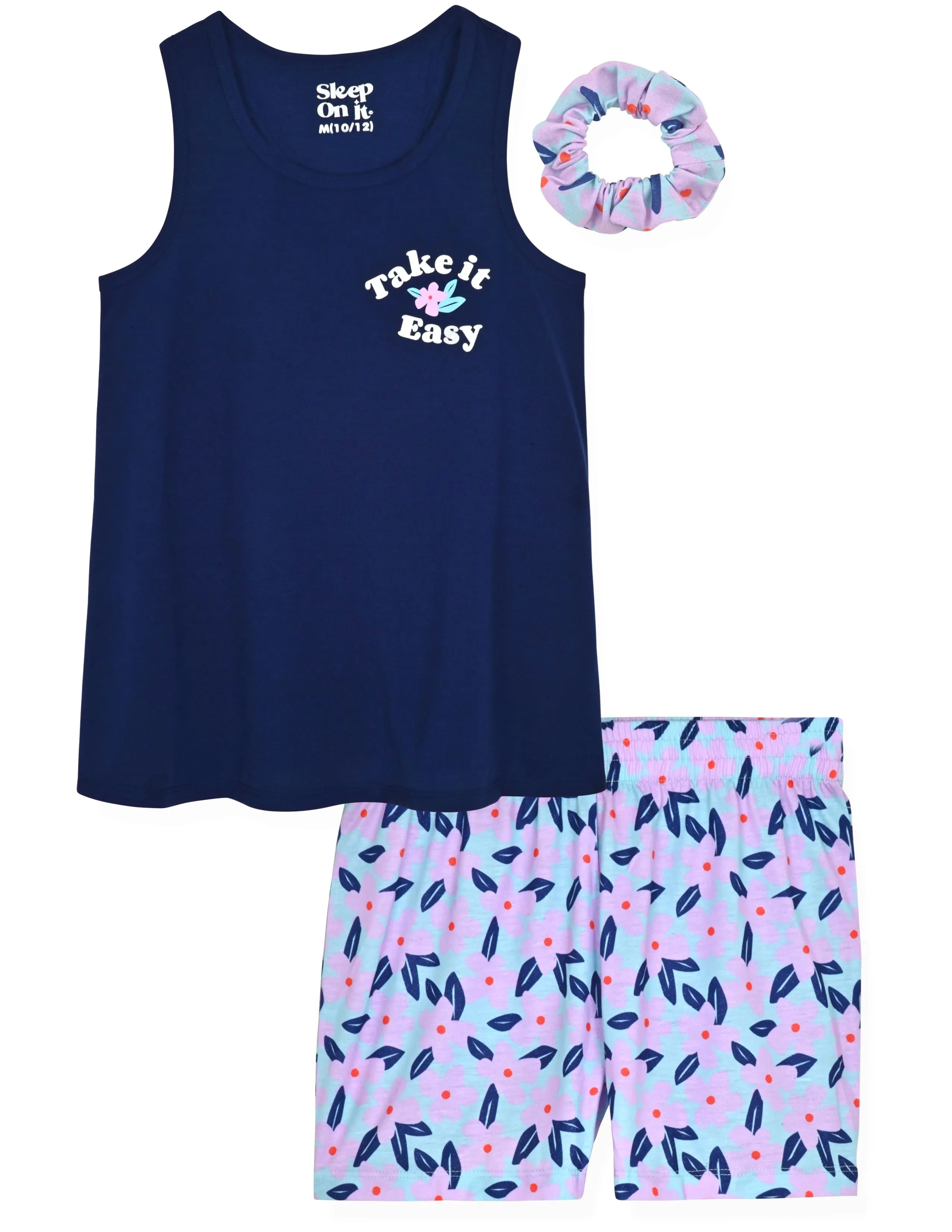 Girls 2-Piece Sleeveless Tank-Top Jersey Pajama Shorts Set with Hair Scrunchie- Take It Easy.