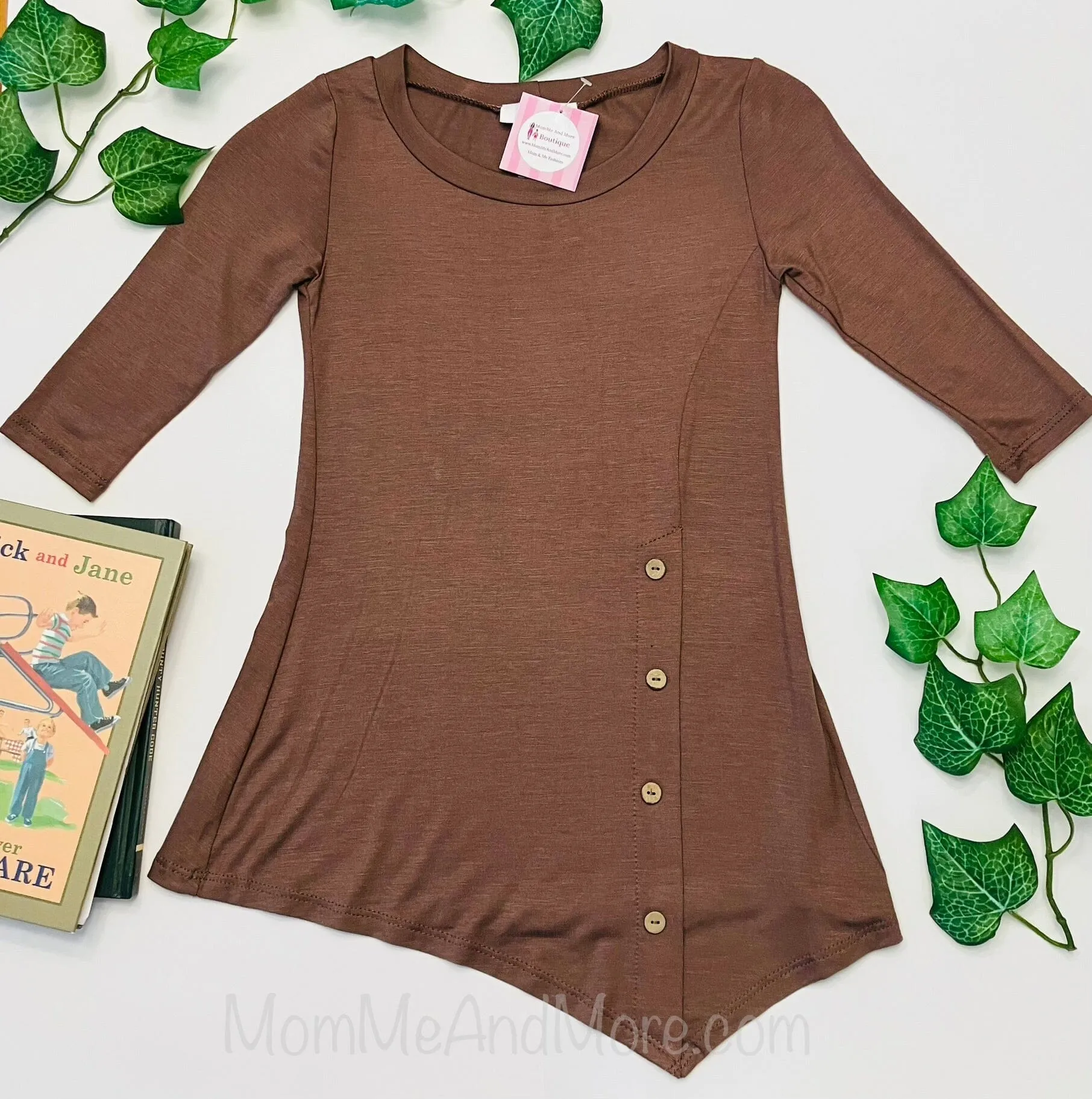 Girls High-Low Asymmetric Brown Dress, Long Tunic Top, Sizes 6/8/10/12, Solid Brown