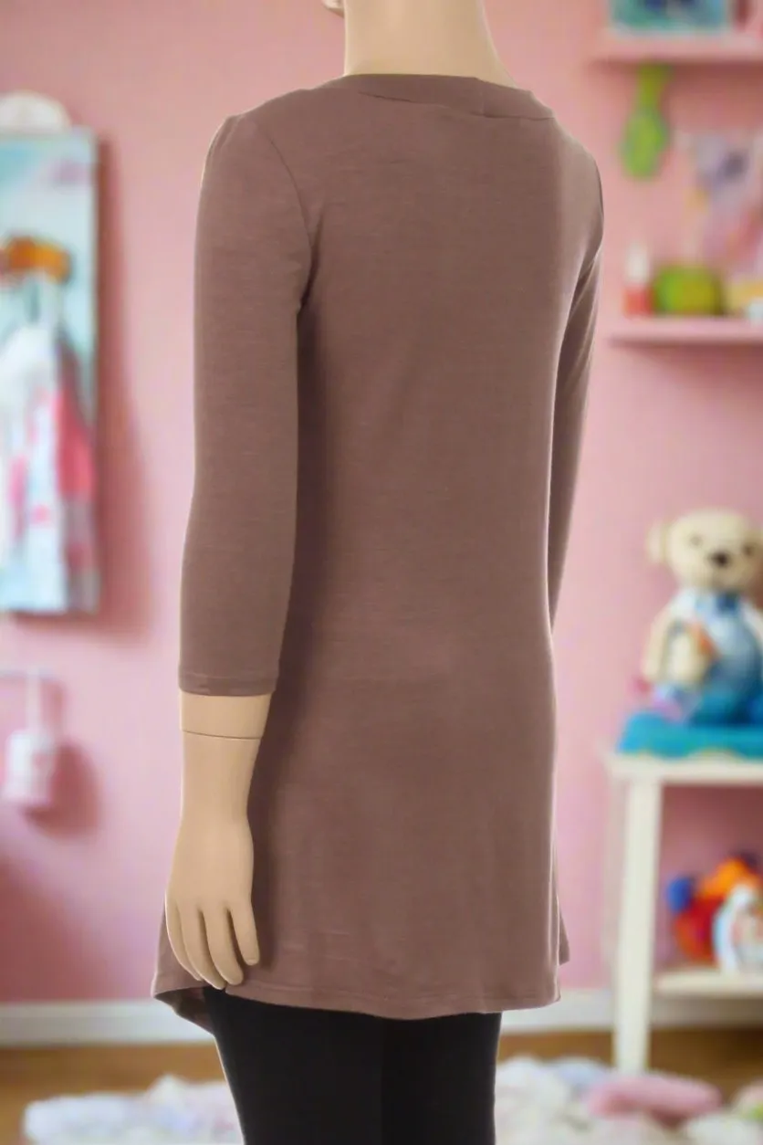 Girls High-Low Asymmetric Brown Dress, Long Tunic Top, Sizes 6/8/10/12, Solid Brown