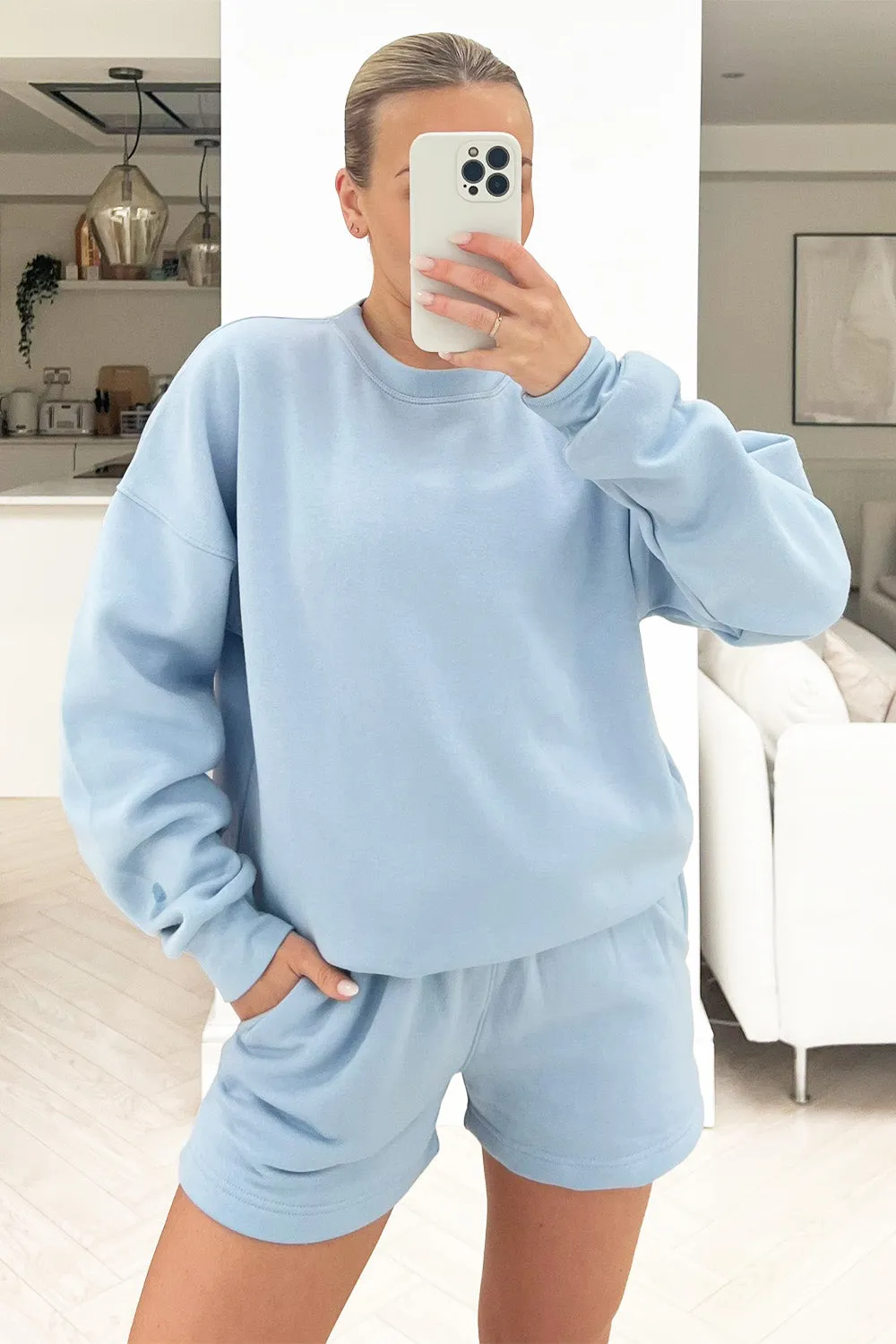 glamify baby blue essential sweater short set