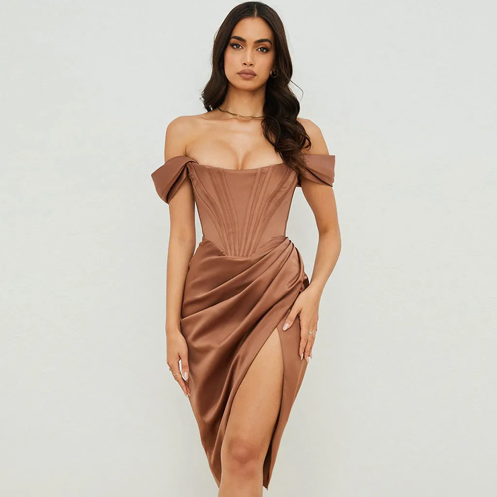 Glossy Satin Off Shoulder Draped Corset Cocktail Midi Dress - Chocolate