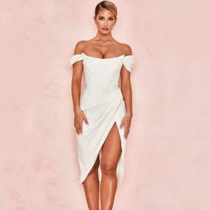 Glossy Satin Off Shoulder Draped Corset Cocktail Midi Dress - White