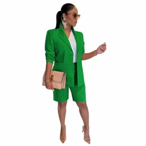 Green Women's Casual Suit Set with Blazer and Shorts - Fern and Oak