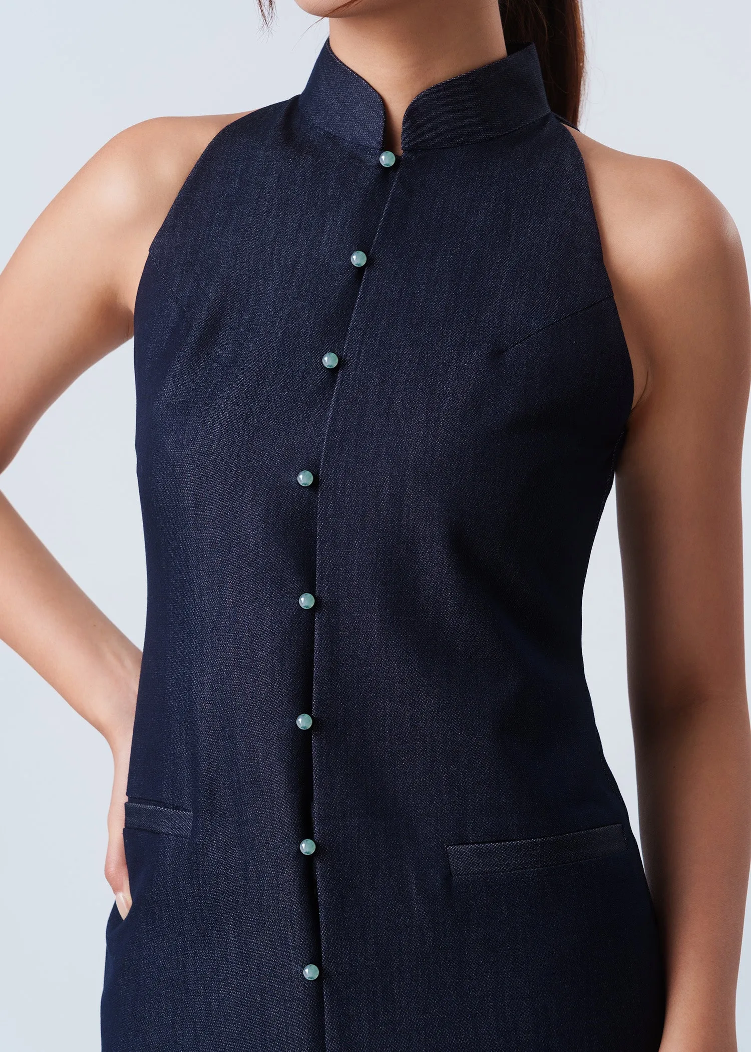 Halter Vest Qipao Dress (Denim Blue)