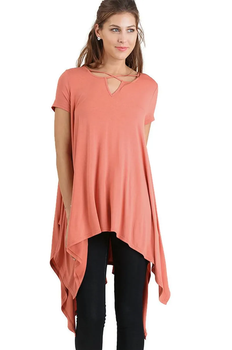 Handkerchief Hem Short Sleeve Tunic Top, Clay