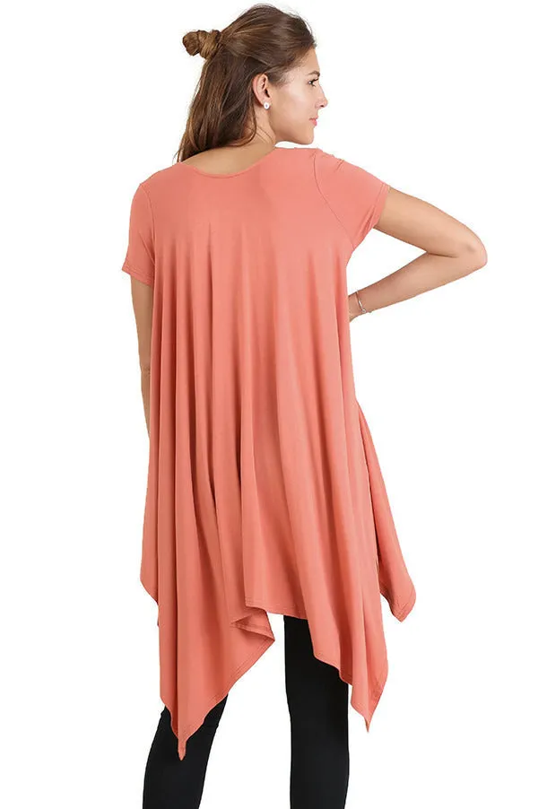 Handkerchief Hem Short Sleeve Tunic Top, Clay