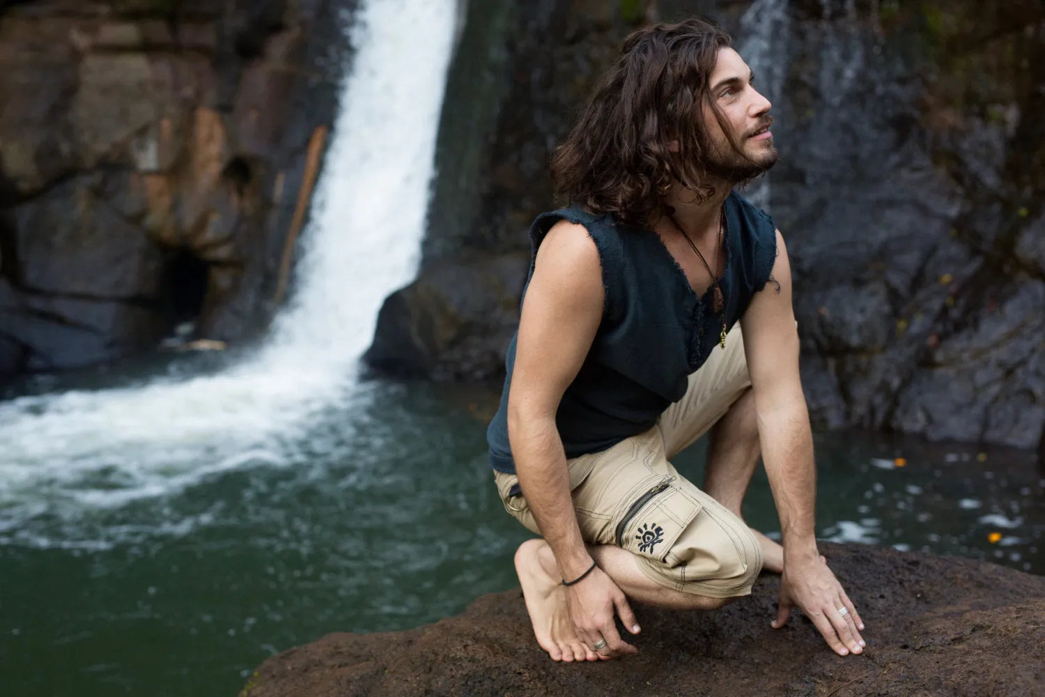 Handmade Black Men's Festival Top Neo Gypsy Sleeveless Earthy Tribal Tank Top, Tank Jungle Cotton Open V Neck Rave AJJAYA Nomadic Primitive