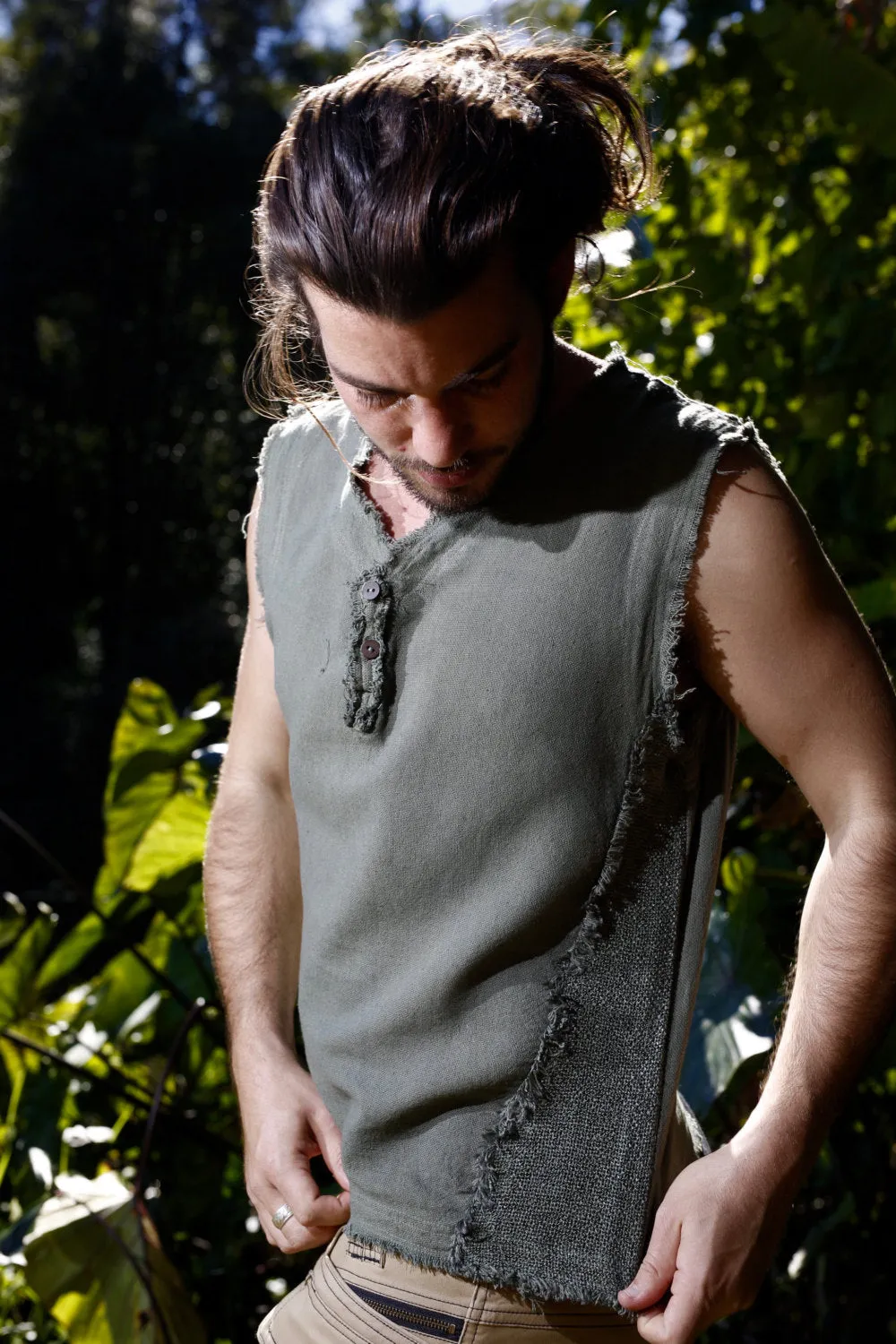 Handmade Green Men's Tribal Shirt Neo Gypsy Sleeveless Earthy Top, Tank Jungle Open Neck Festival Rave AJJAYA Nomadic Primitive