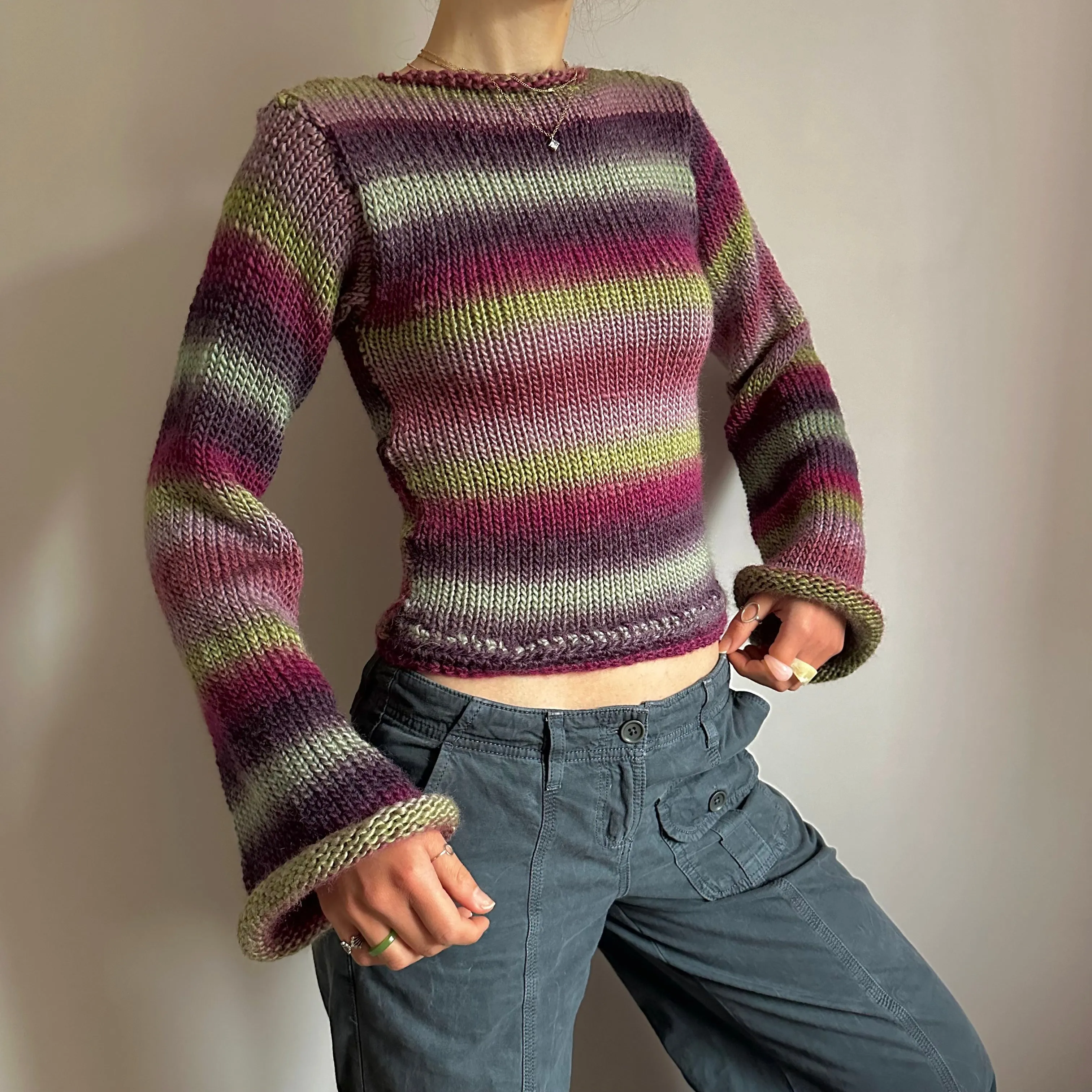 Handmade ombré knitted flared sleeve jumper in green and purple shades