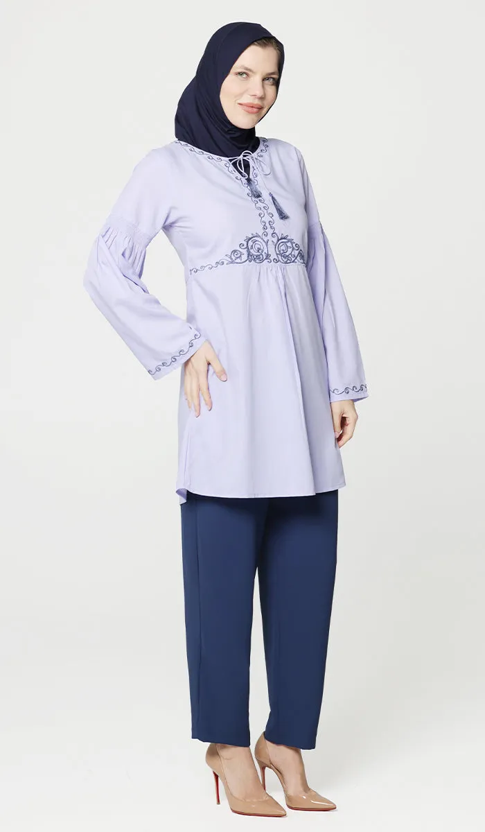 Haseen Embroidered Long Cotton Feel Modest Tunic - Lavender