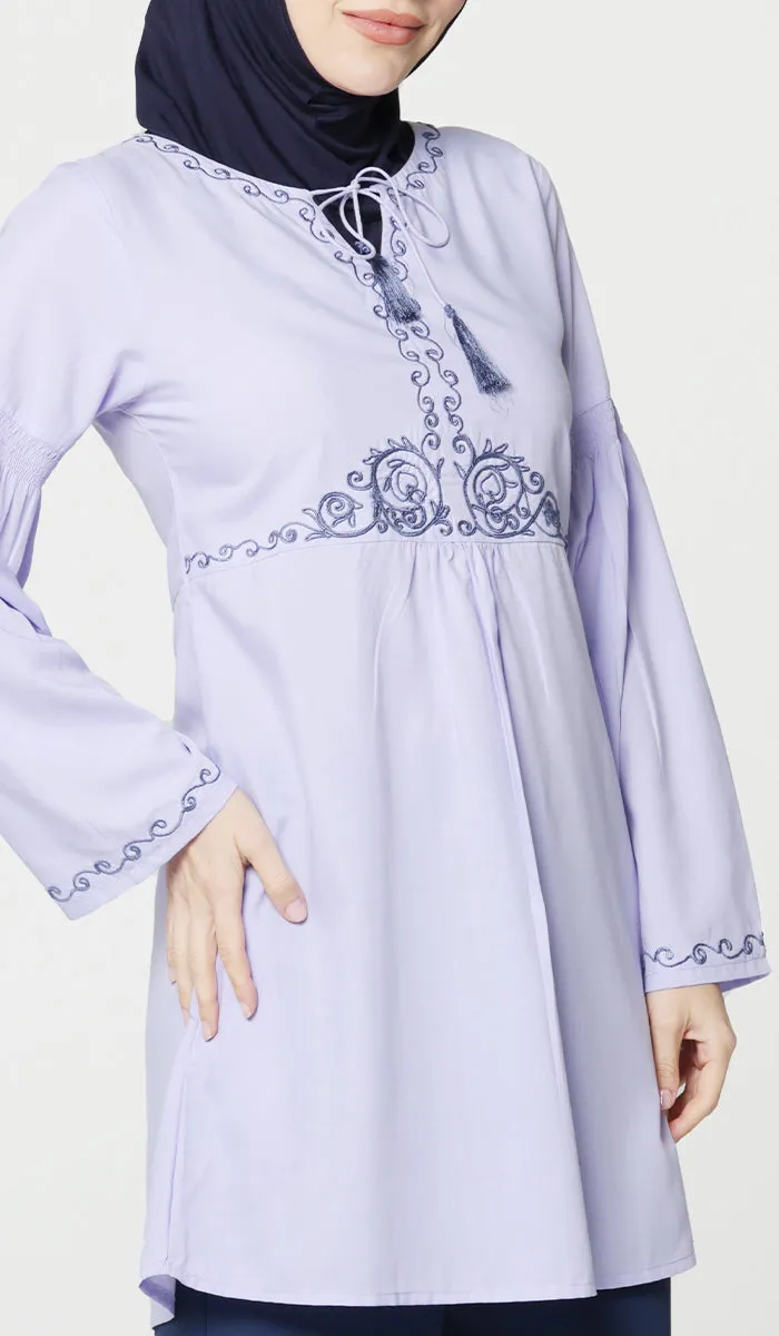 Haseen Embroidered Long Cotton Feel Modest Tunic - Lavender