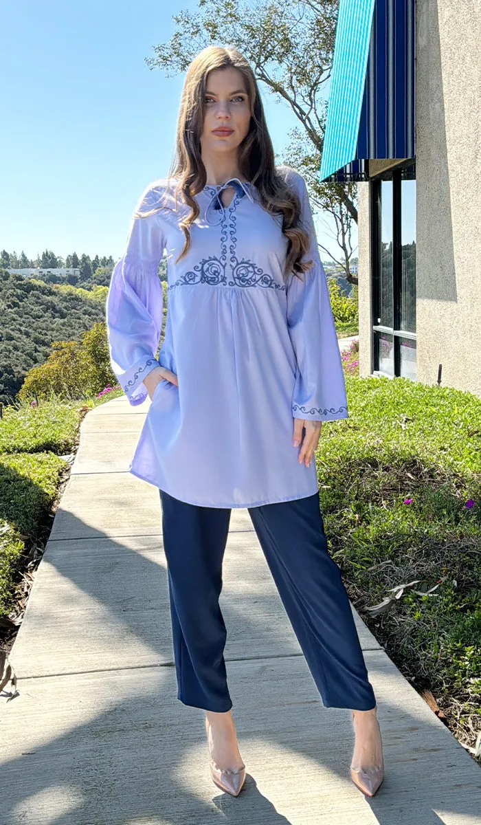 Haseen Embroidered Long Cotton Feel Modest Tunic - Lavender