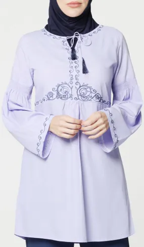 Haseen Embroidered Long Cotton Feel Modest Tunic - Lavender