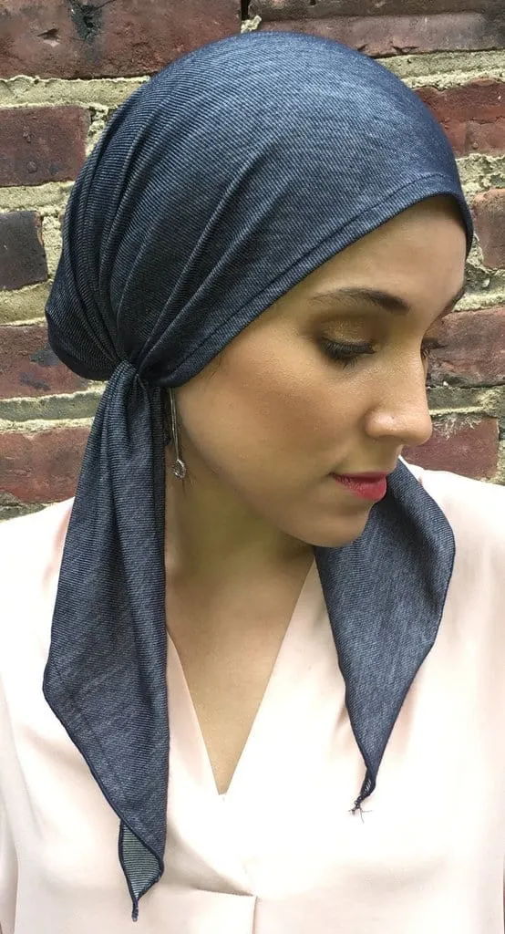 Head Covering For Women | Tie Back Hat Denim Scrub Cap Slip-On Pre Tied Bandana | Made in USA