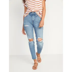 High-Waisted Straight Ripped Jeans