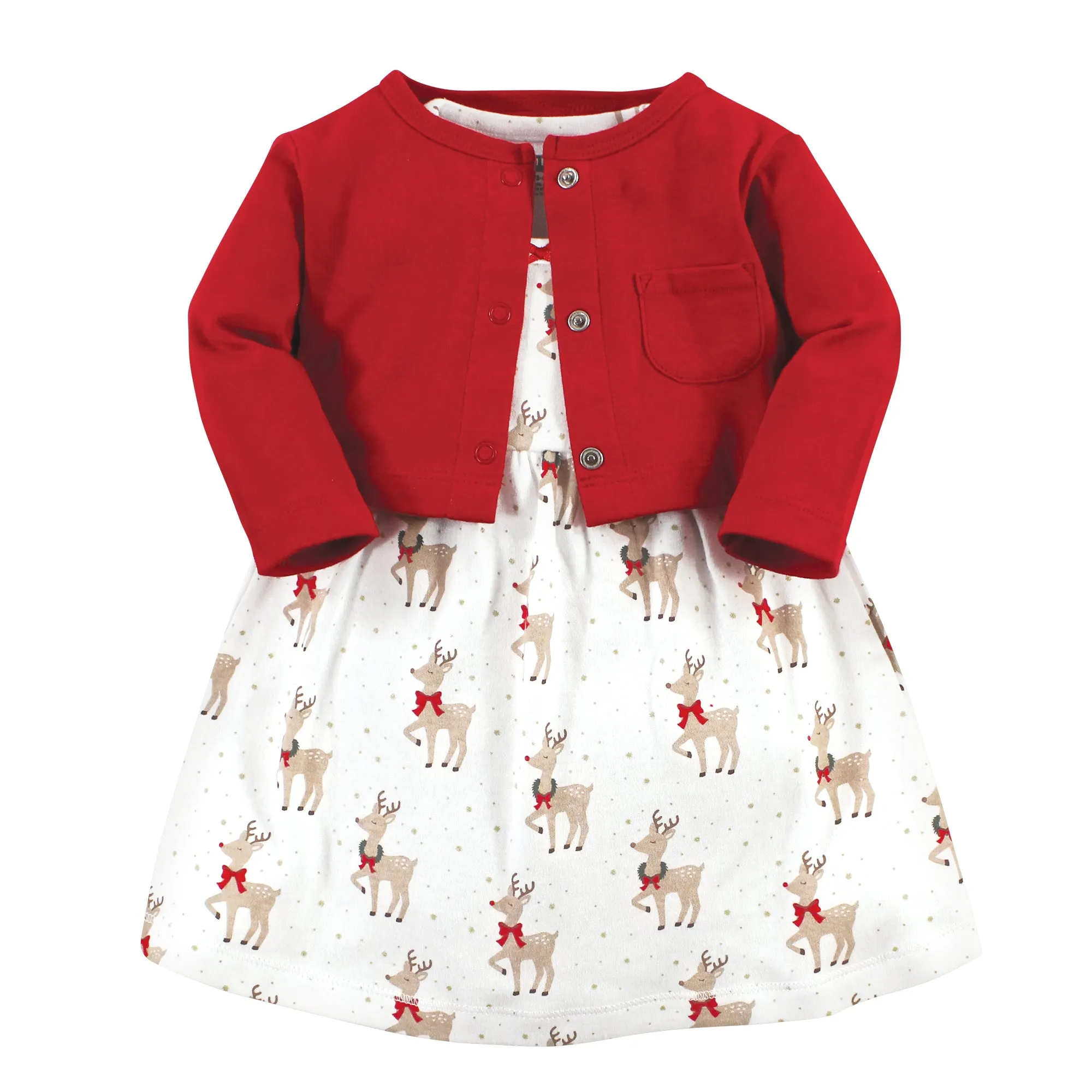 Hudson Baby Cotton Dress and Cardigan Set, Fancy Rudolph