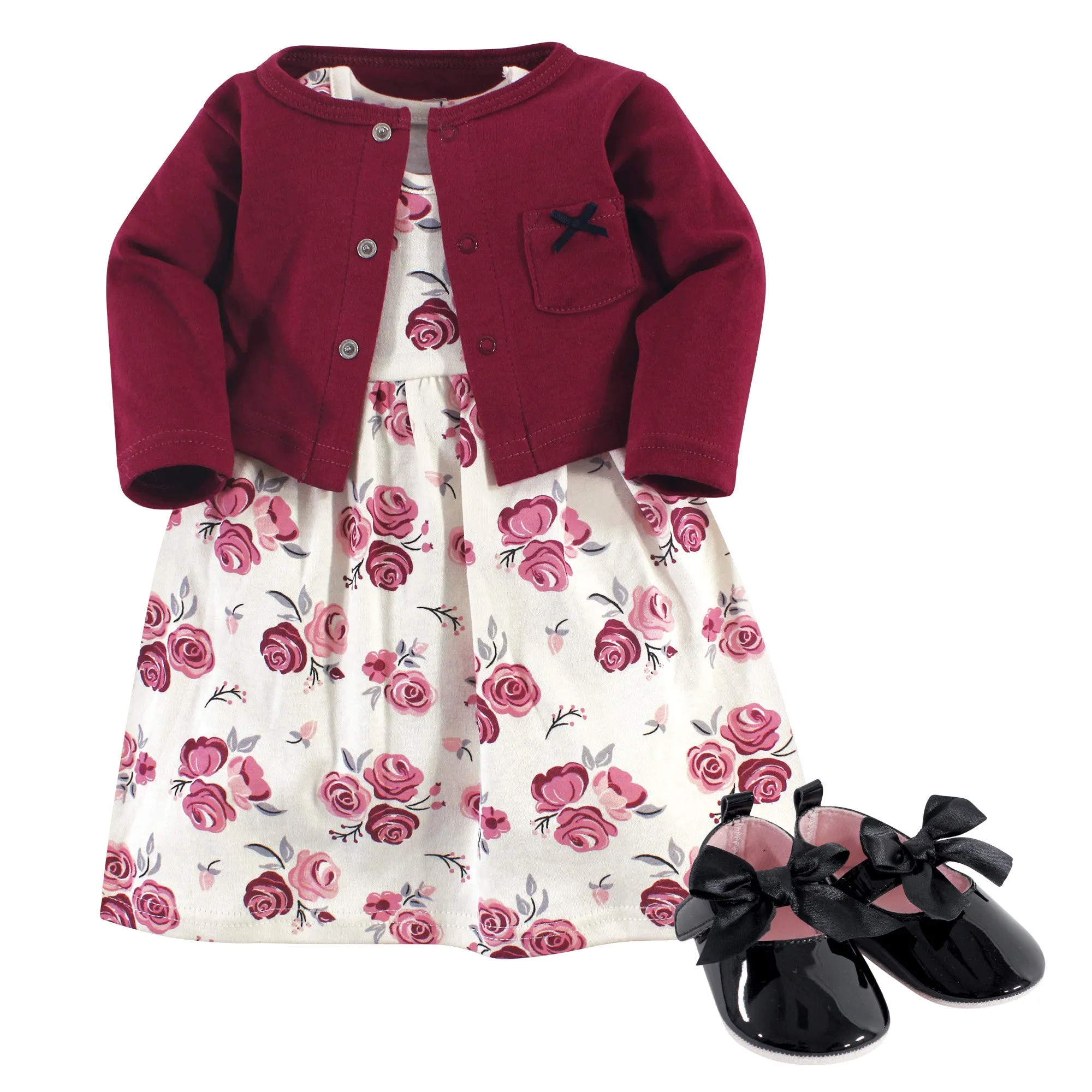 Hudson Baby Cotton Dress, Cardigan and Shoe Set, Rose