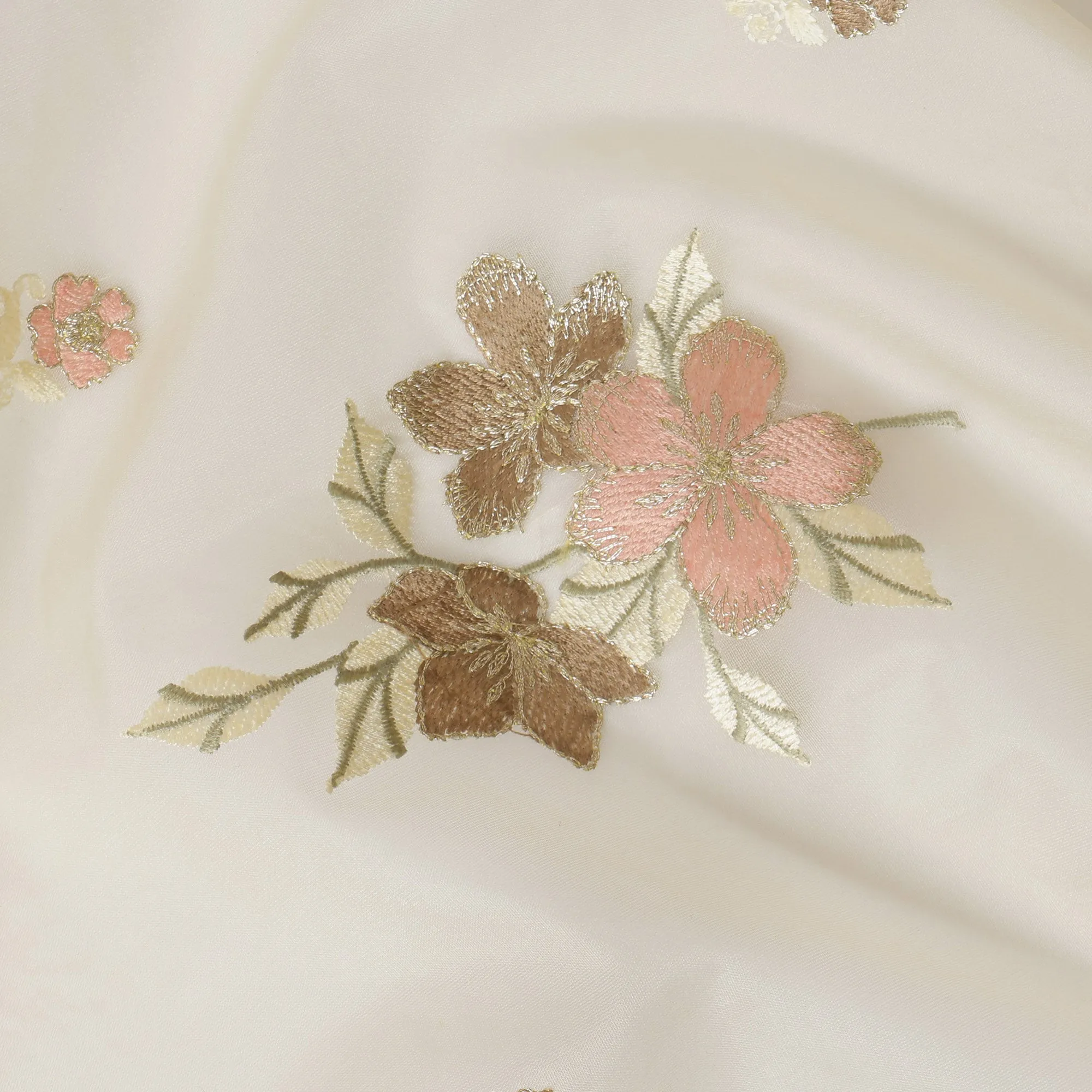 Ivory Silk Organza Fabric with Pink and Brown Floral Embroidery, 110 cm Width-D20430