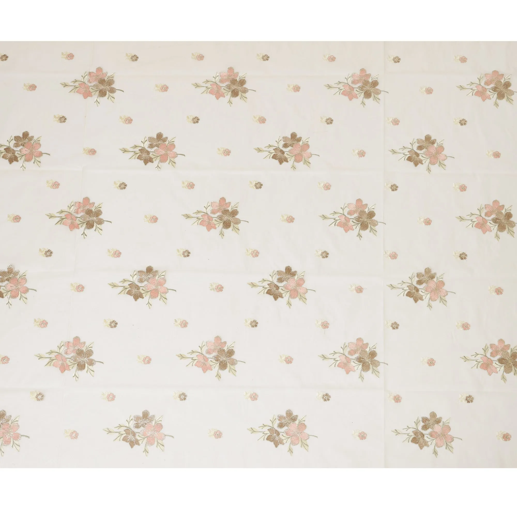 Ivory Silk Organza Fabric with Pink and Brown Floral Embroidery, 110 cm Width-D20430