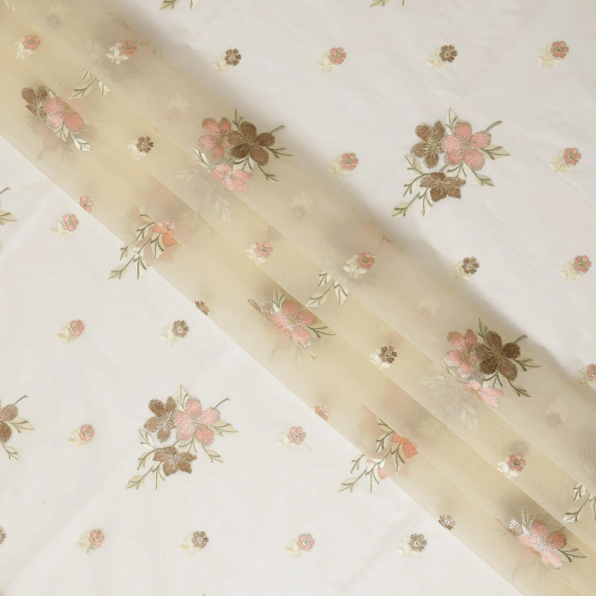 Ivory Silk Organza Fabric with Pink and Brown Floral Embroidery, 110 cm Width-D20430