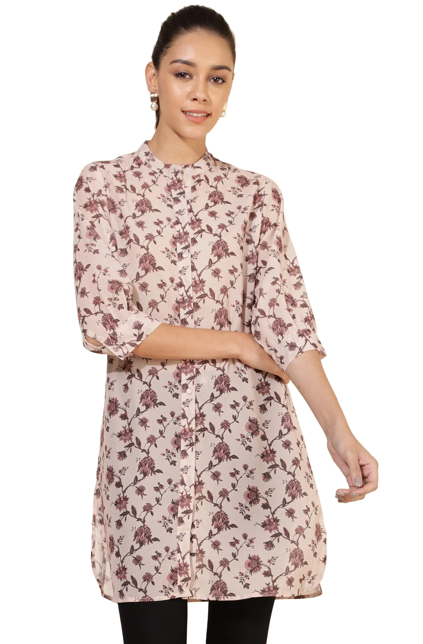 Janasya Women's Beige Georgette Floral Printed Regular Tunic(JNE4325-TU-XL)