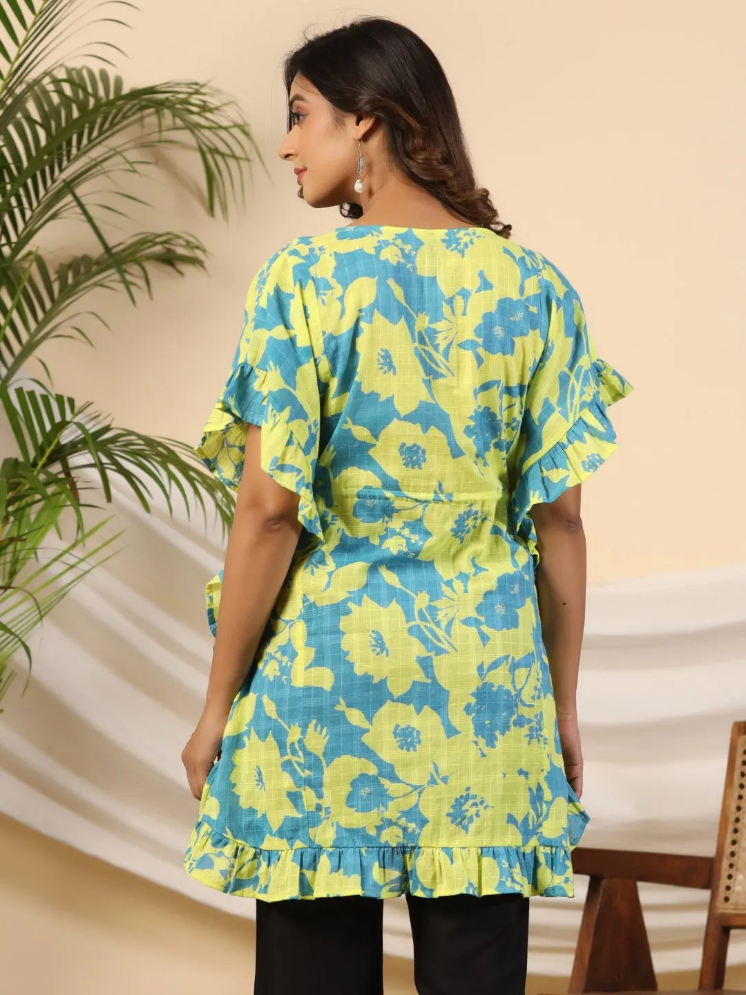 Jashvi Turquoise Floral Printed Cotton Dobby Kaftan Tunic