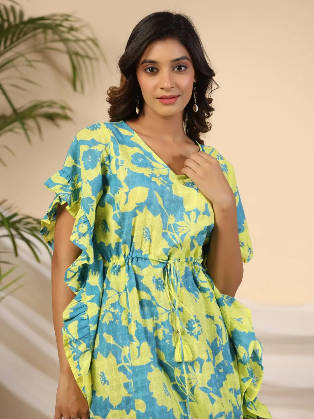 Jashvi Turquoise Floral Printed Cotton Dobby Kaftan Tunic