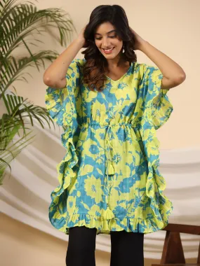 Jashvi Turquoise Floral Printed Cotton Dobby Kaftan Tunic