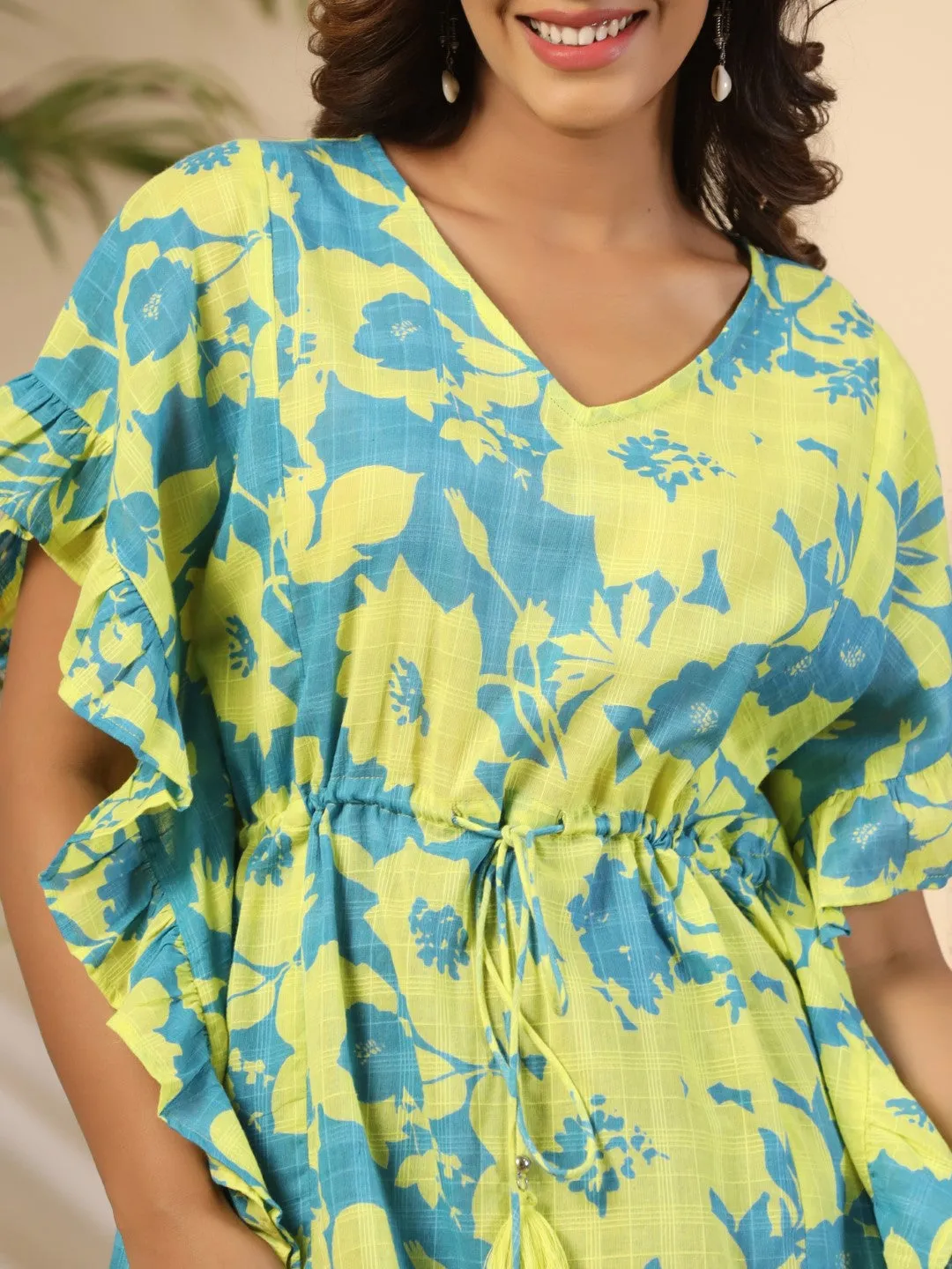 Jashvi Turquoise Floral Printed Cotton Dobby Kaftan Tunic