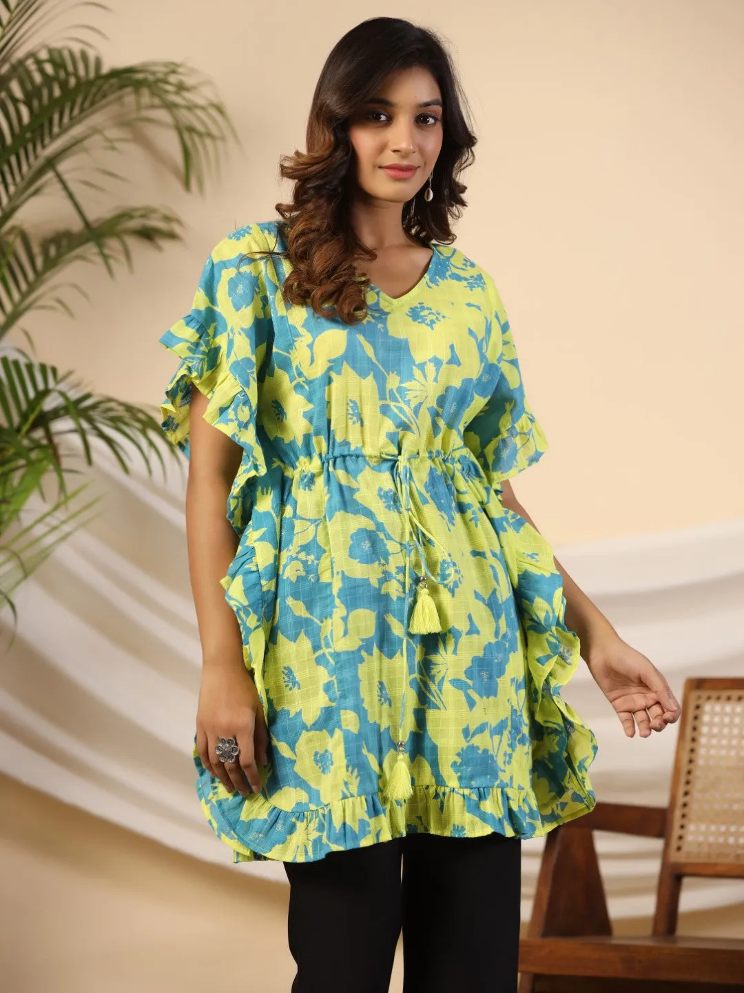 Jashvi Turquoise Floral Printed Cotton Dobby Kaftan Tunic