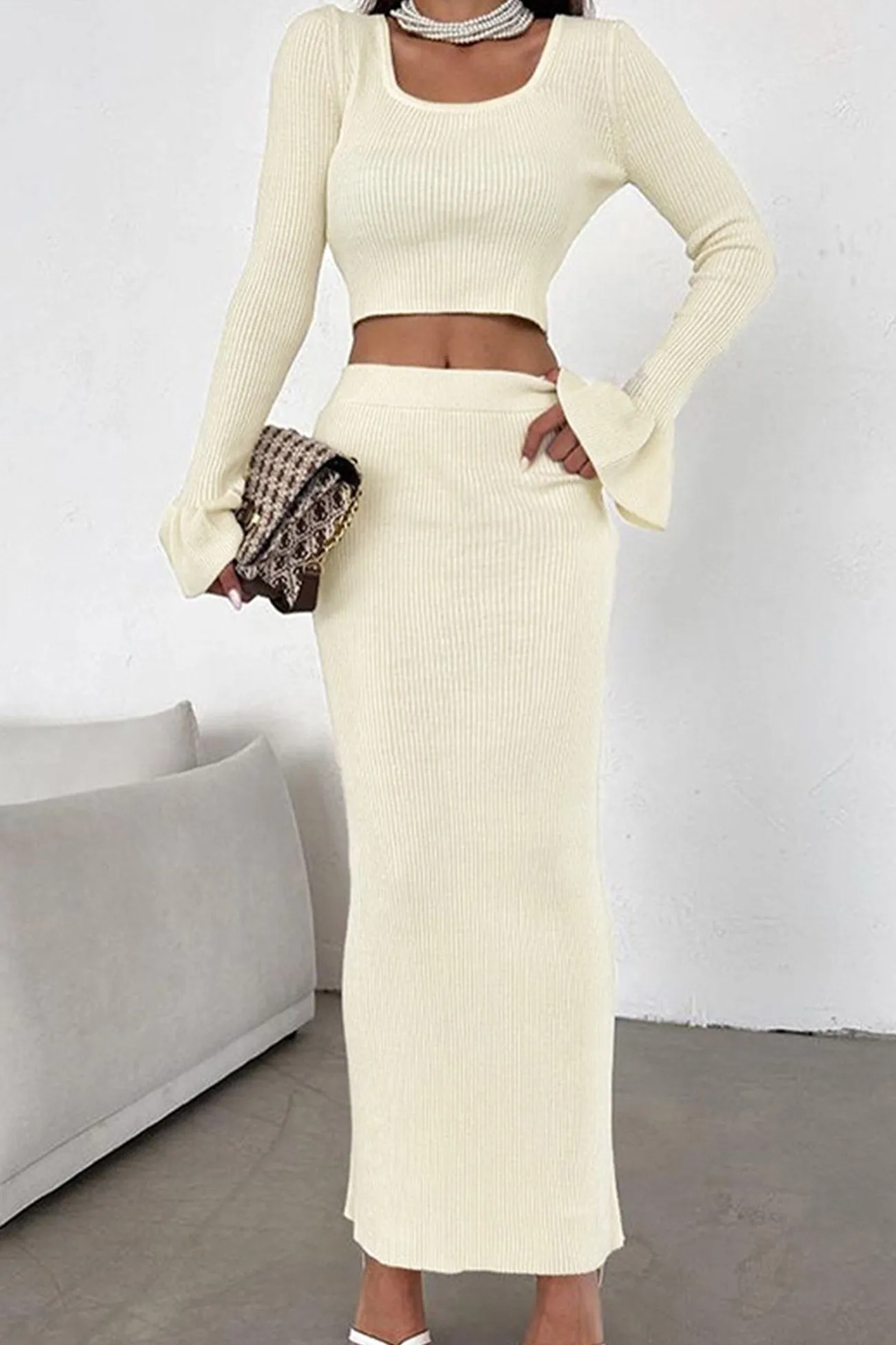 Knit Flares Sleeve Crop Top Midi Skirt Suits