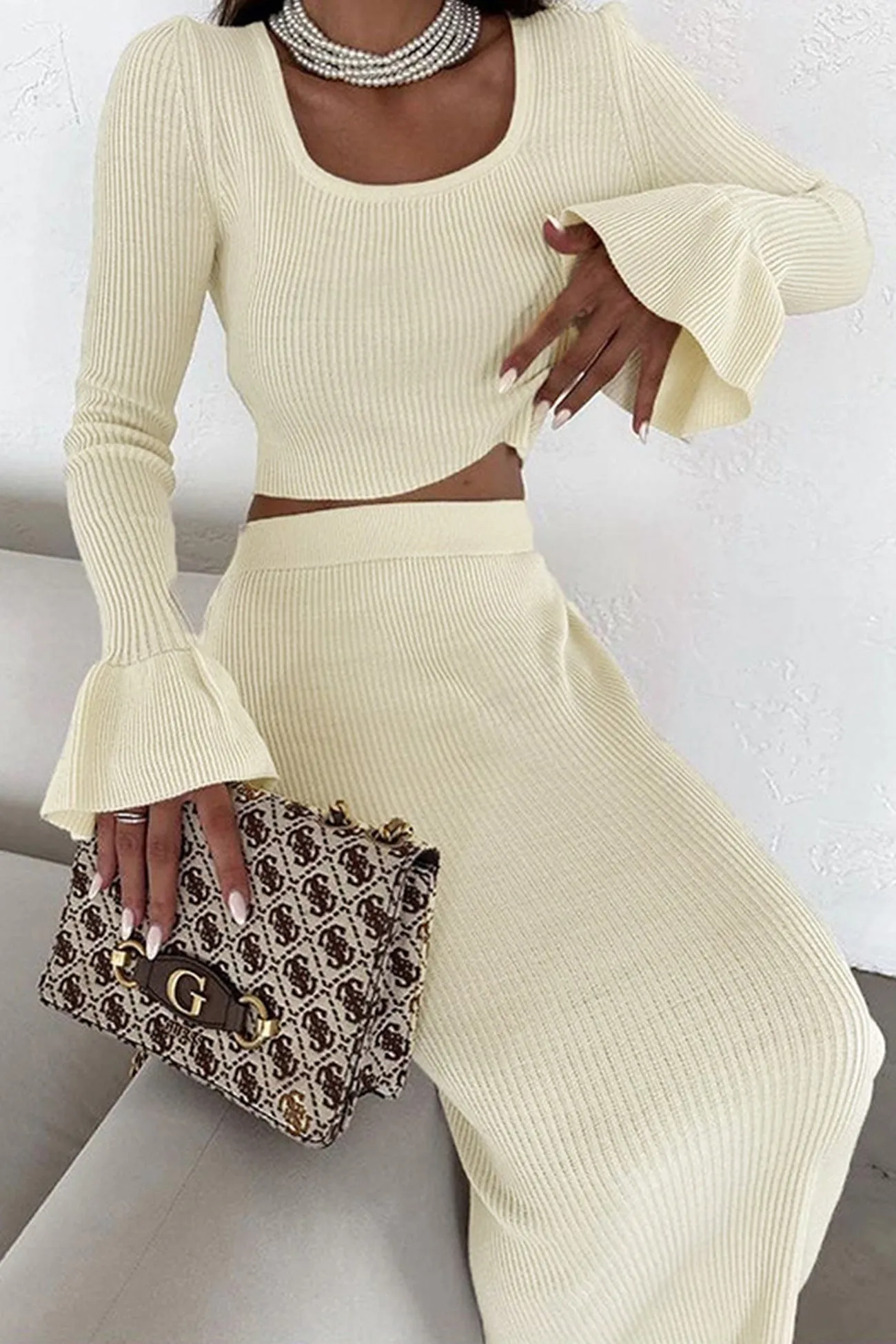 Knit Flares Sleeve Crop Top Midi Skirt Suits