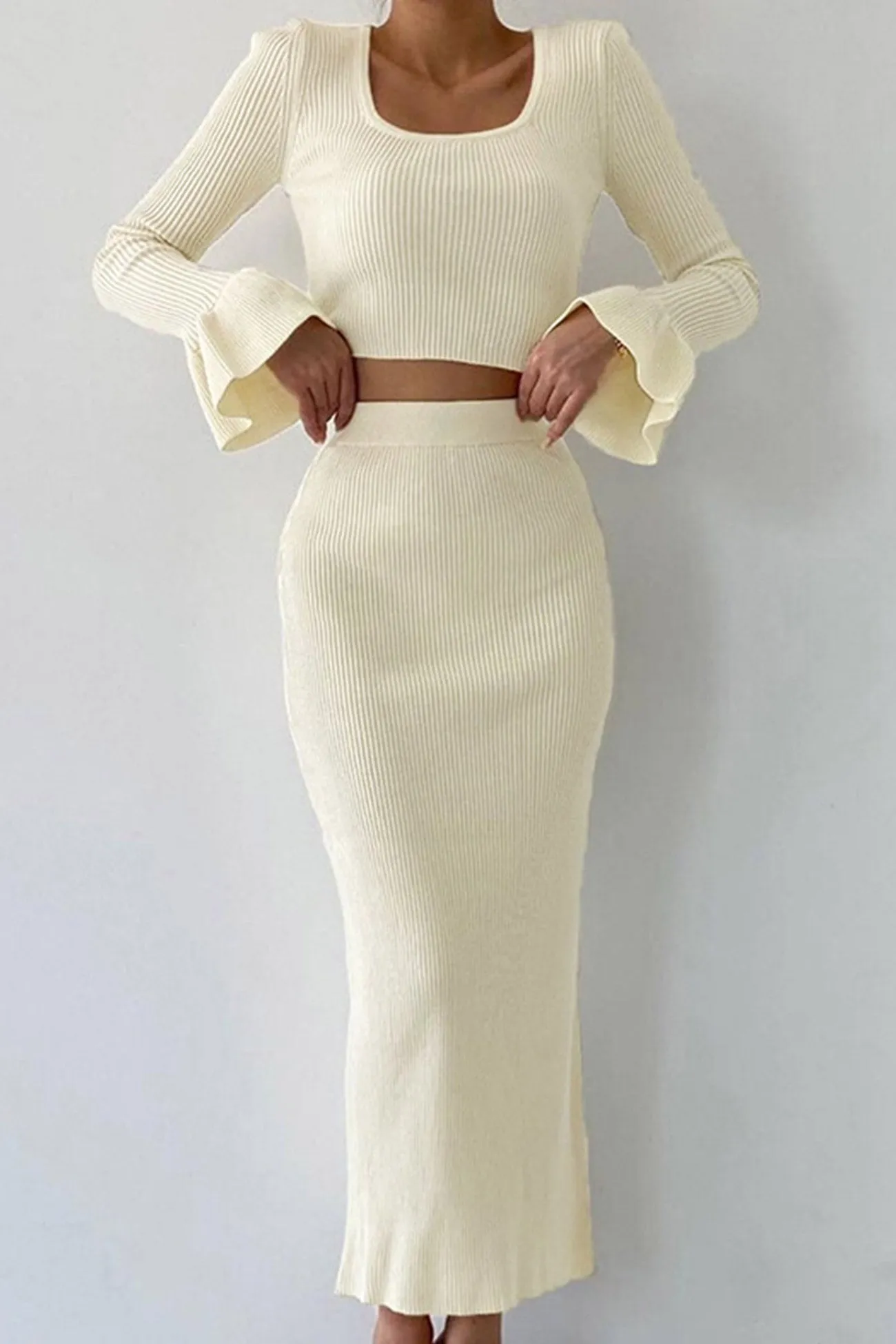 Knit Flares Sleeve Crop Top Midi Skirt Suits