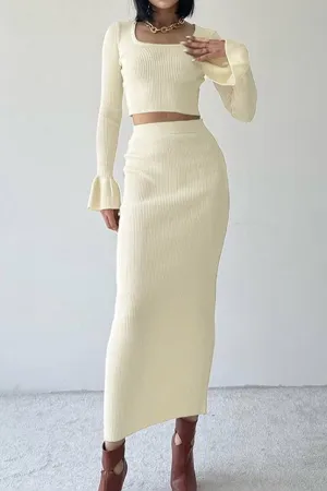 Knit Flares Sleeve Crop Top Midi Skirt Suits