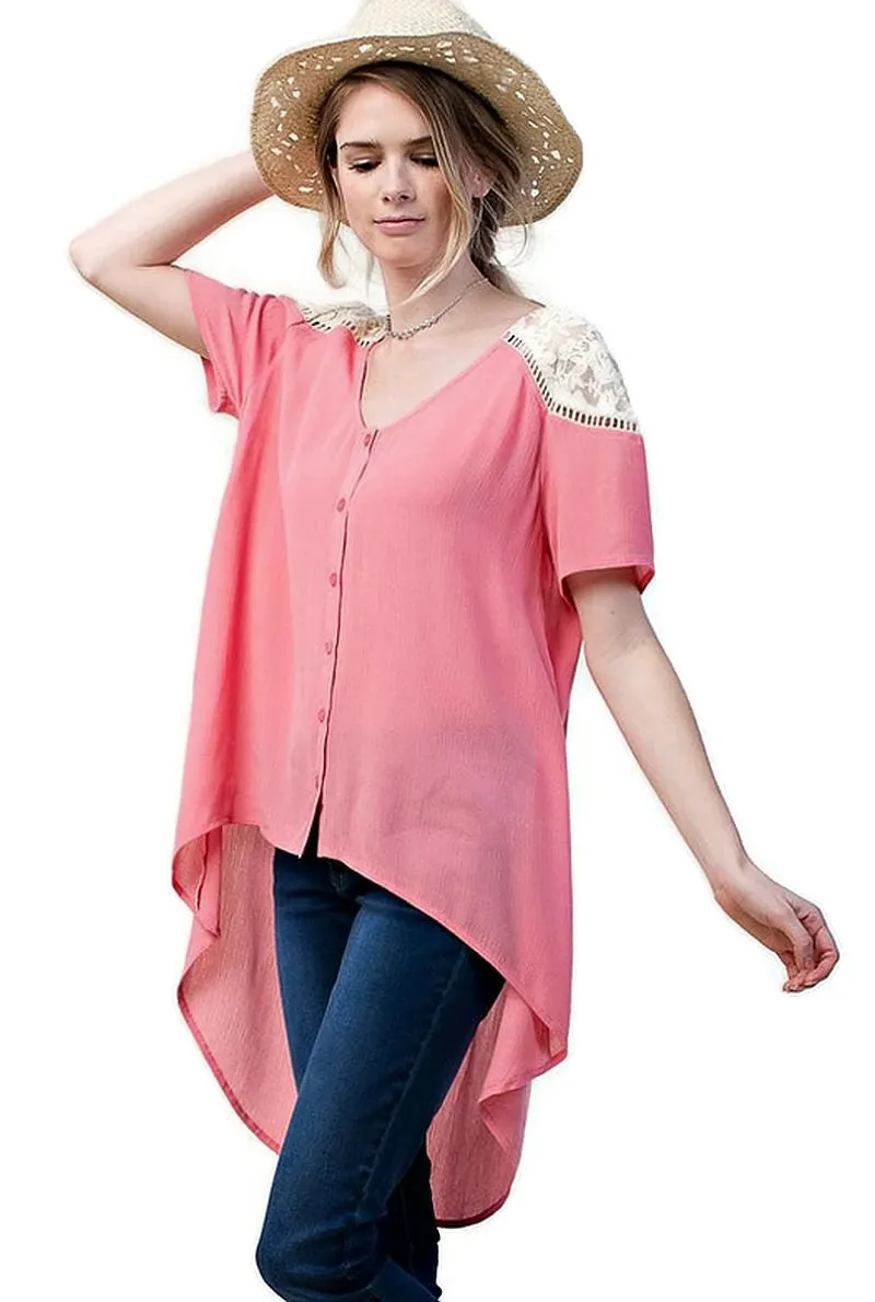 Lace Shoulder Blouse, Pink