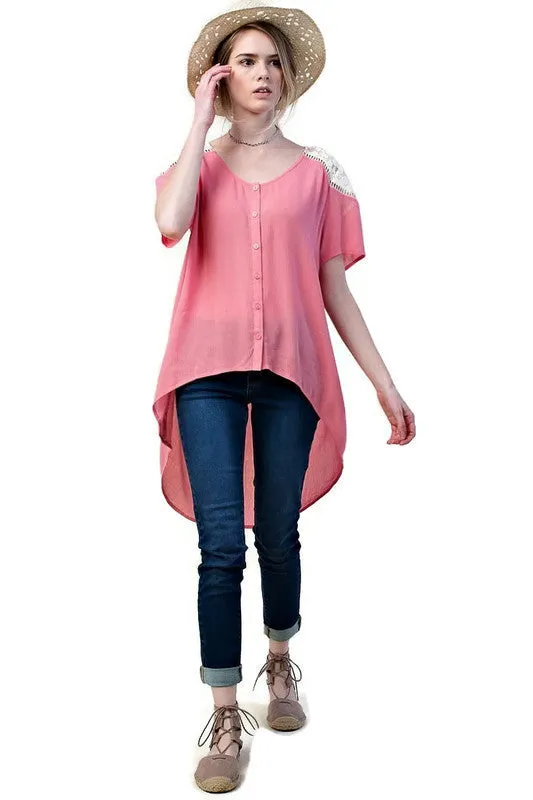 Lace Shoulder Blouse, Pink