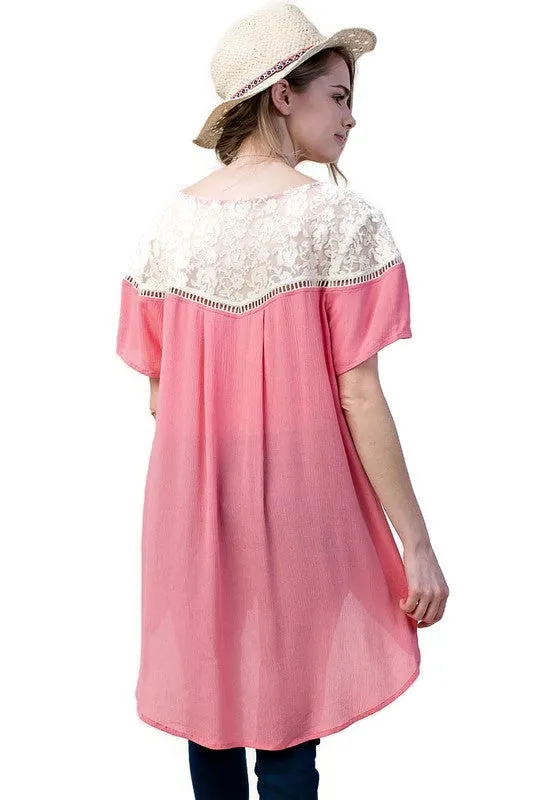 Lace Shoulder Blouse, Pink