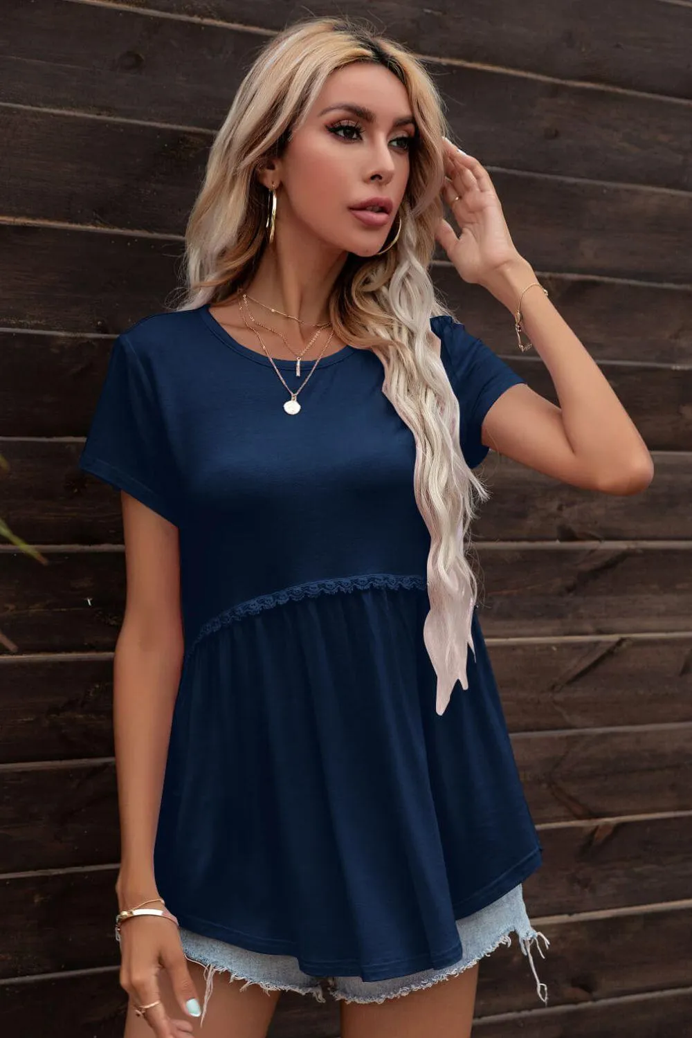 Lace Trim Round Neck Tunic Top