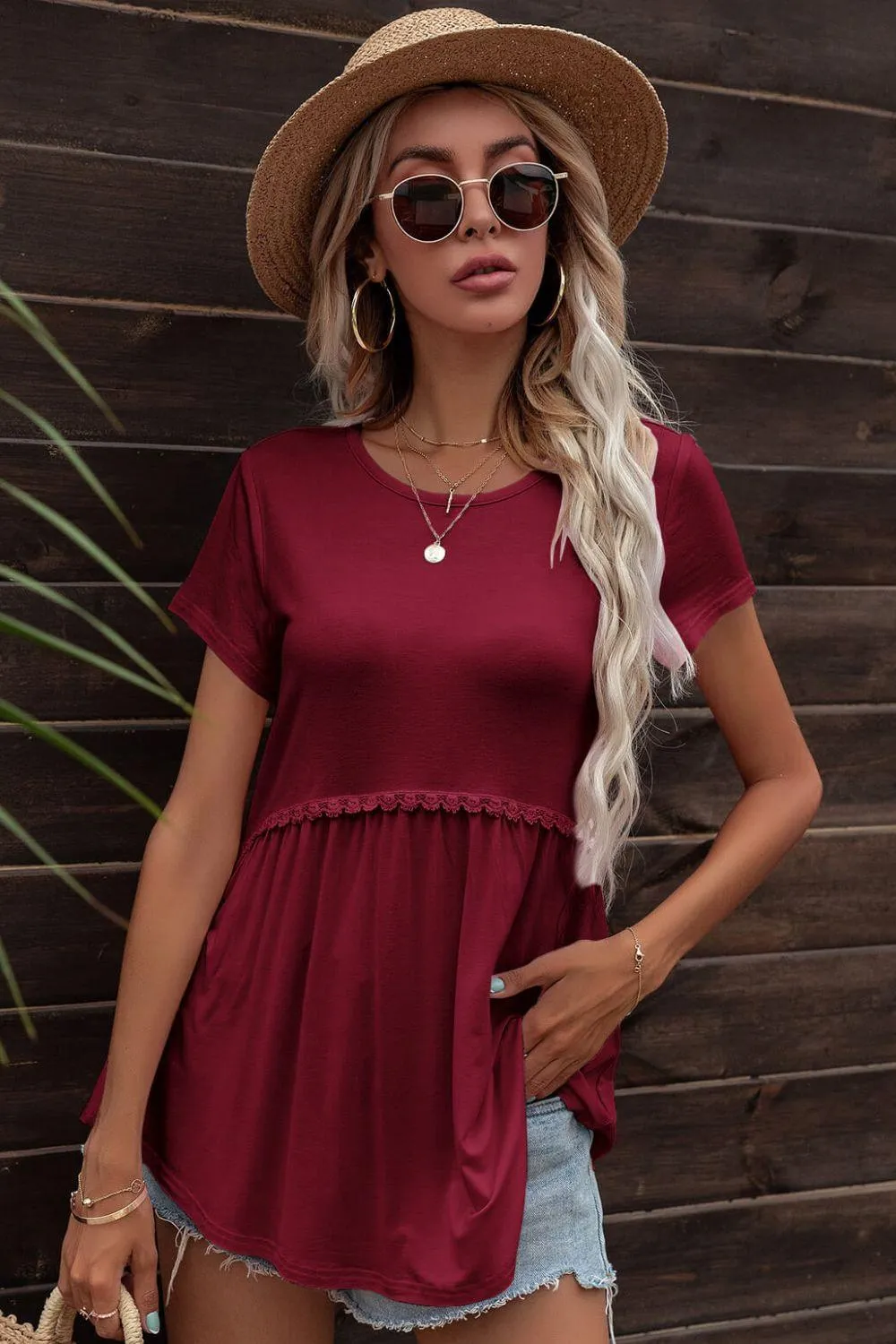 Lace Trim Round Neck Tunic Top