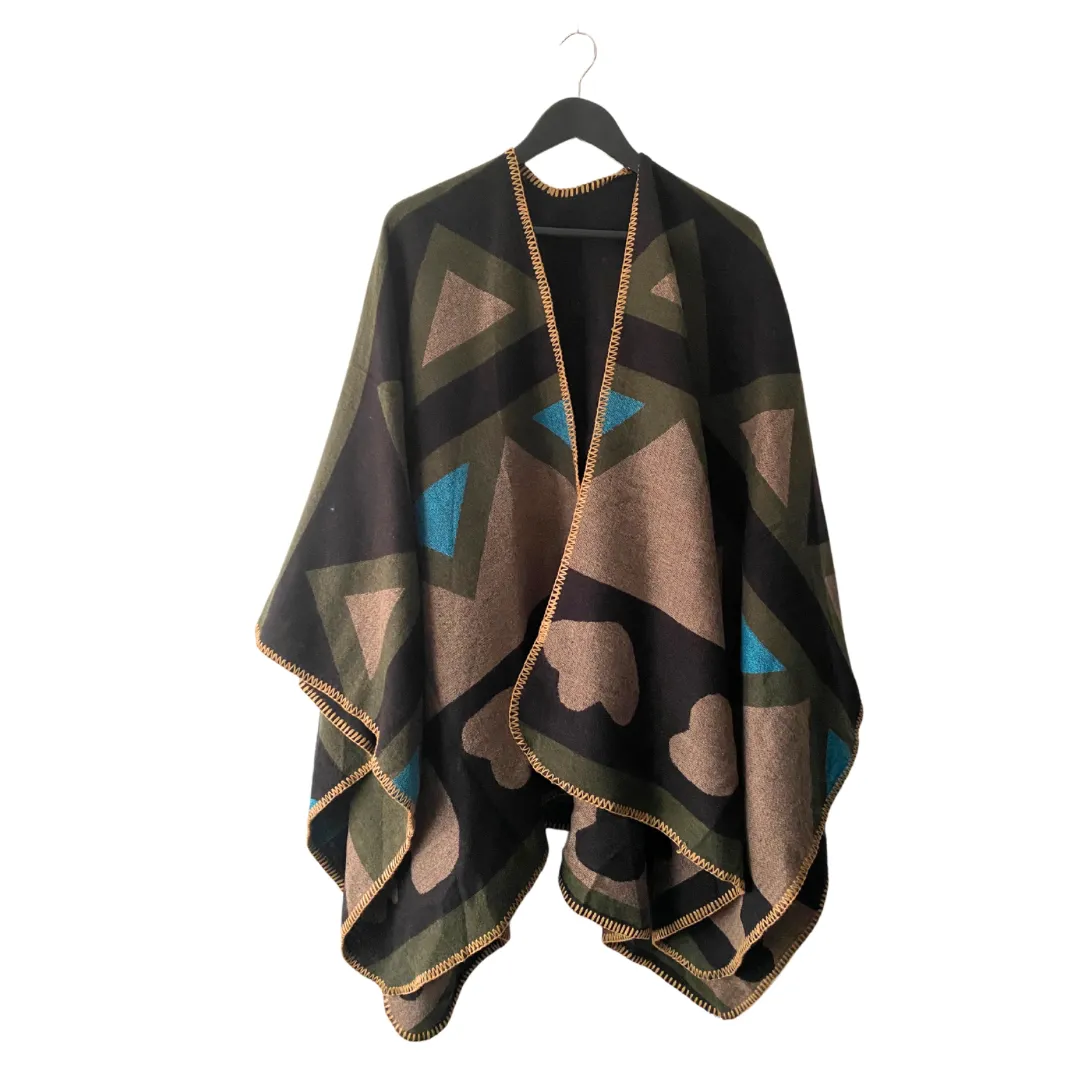 Large Shawl Geometric Pattern Olive Green Multi ONE SIZE