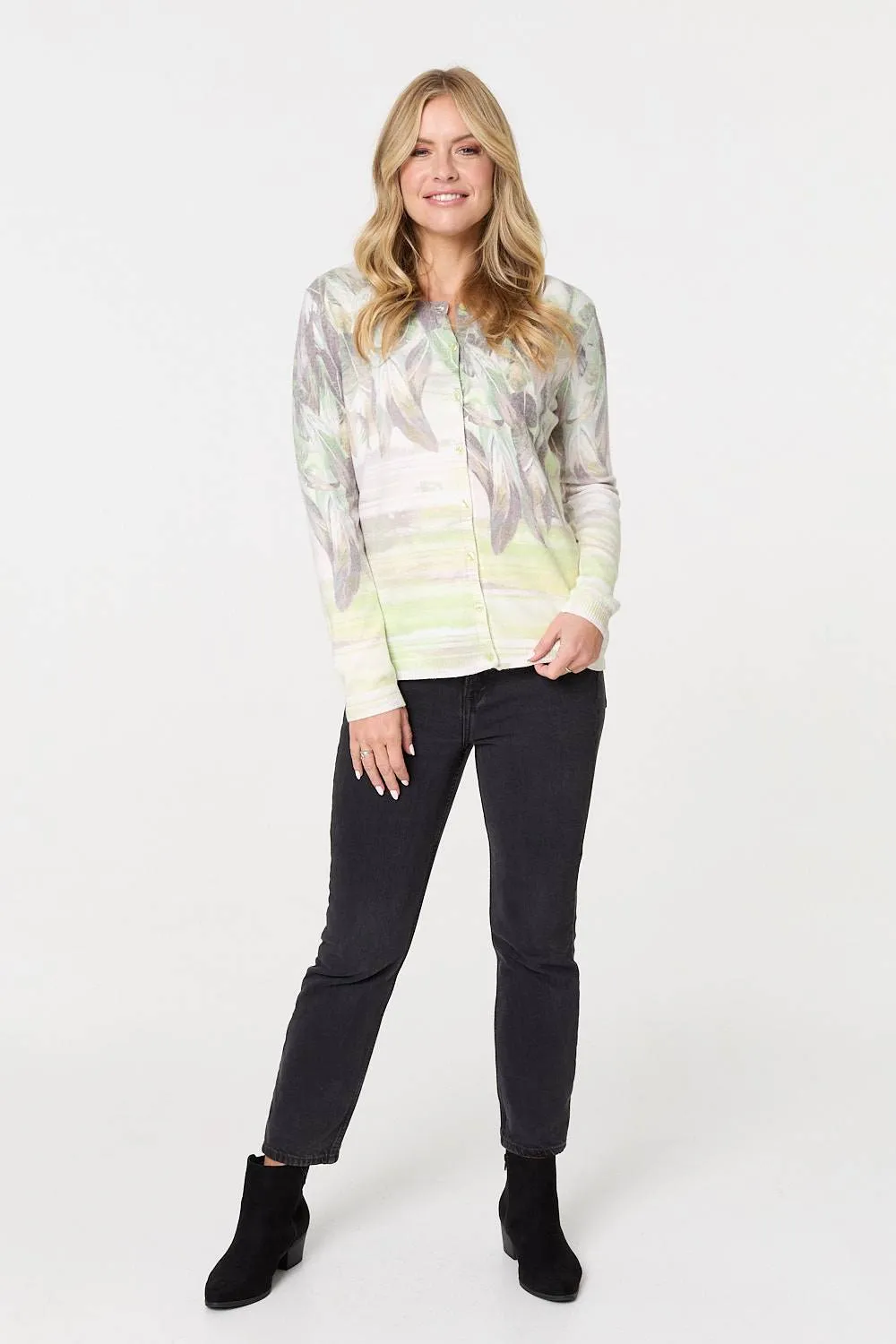 Leaf Print Long Sleeve Slim Cardigan