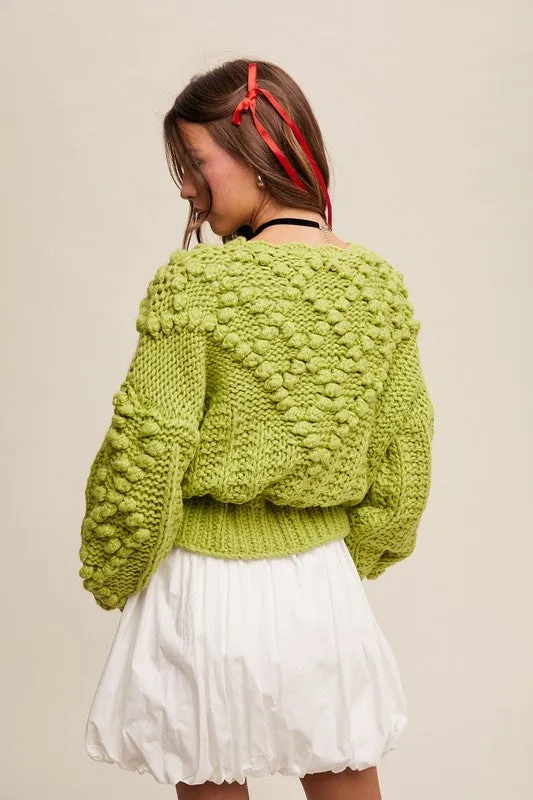 Lemon Grass Hand Crochet Tufted Dot Cable Knit Cardigan