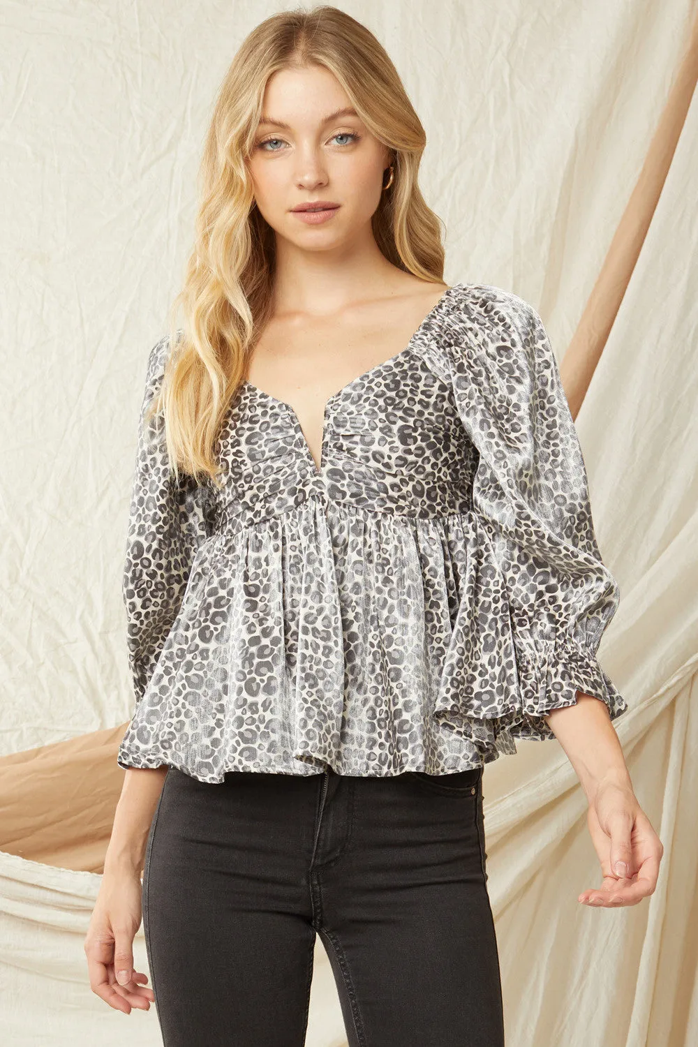 Leopard Iridescent Babydoll Top, Sand