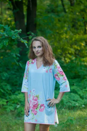 Light Blue Sun and Sand Style Caftan in Cabbage Roses Pattern