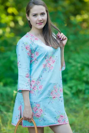 Light Blue Sun and Sand Style Caftan in Faded Flowers Pattern