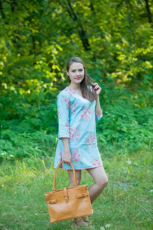 Light Blue Sun and Sand Style Caftan in Faded Flowers Pattern