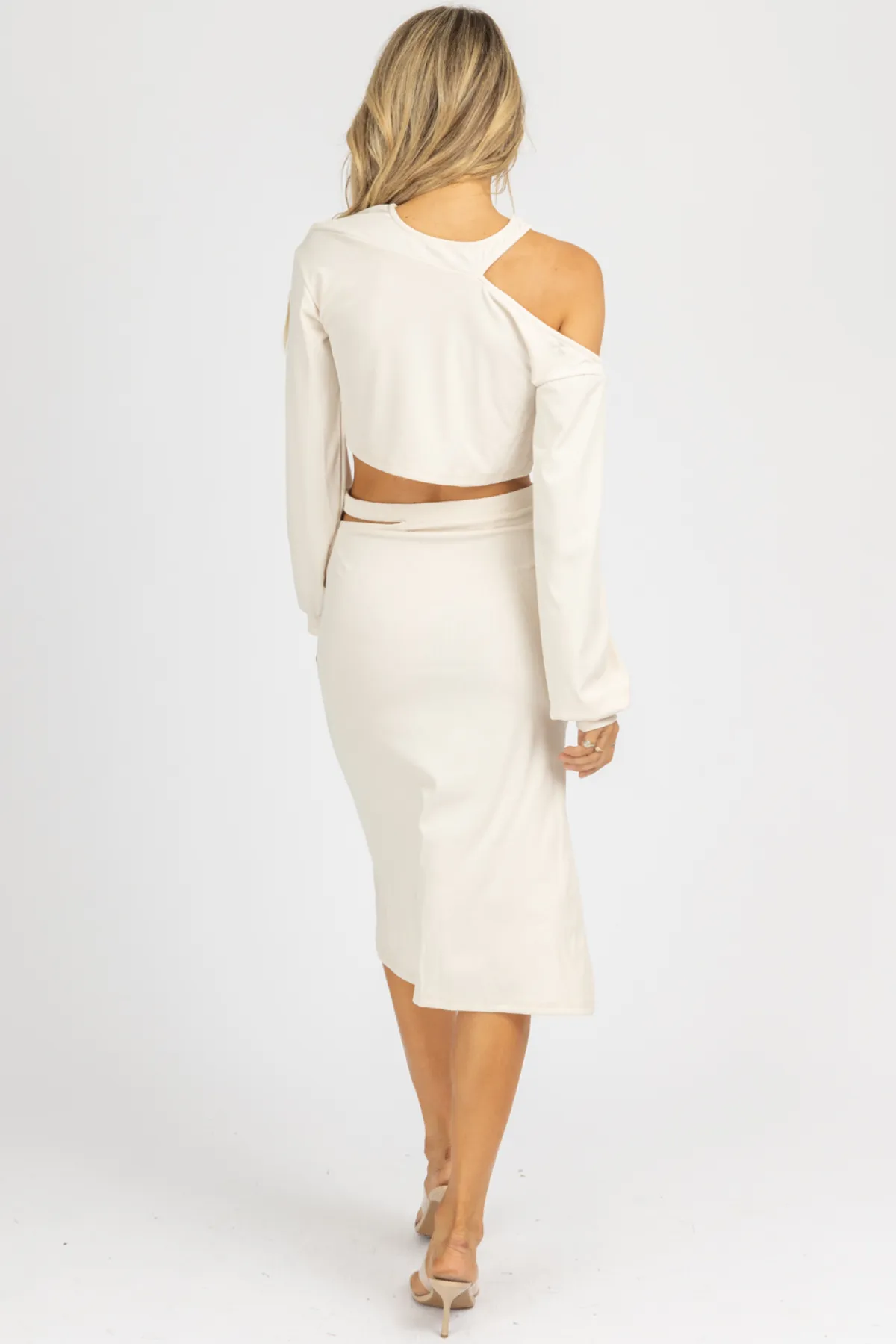 LIGHT SAND CUTOUT CROP   MIDI SKIRT SET